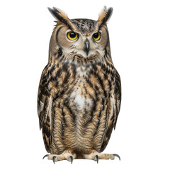 Obraz premium Majestic owl with striking yellow eyes and intricate feathers standing proudly