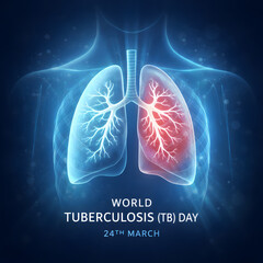 Medical awareness illustration for World Tuberculosis Day featuring human lungs and a red awareness ribbon on a dark background. Concept of tuberculosis prevention, respiratory disease awareness, glob