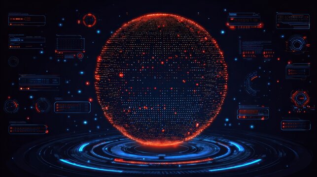Abstract red data sphere over technological interface against a dark background