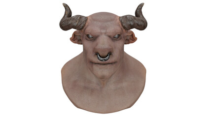 3D rendering of a bull like creature head with horns and a nose ring