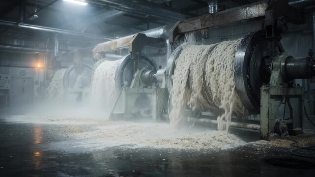 Medium shot of mechanical pulping grinder hall with dense mist swirling around capturing the ethereal atmosphere as wood chips are refined into pulp by large rotating grinders.