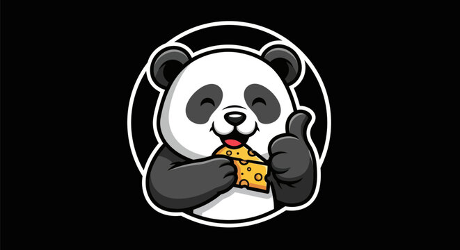 Cartoon panda eating cheese on black background