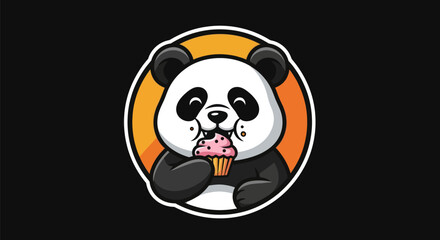 Cartoon panda eating cupcake on black background © Ever