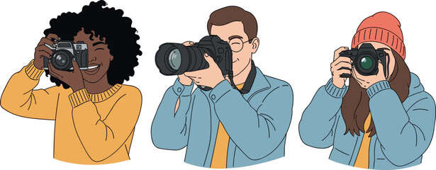 Fototapeta premium Diverse photographers taking pictures with professional cameras illustration set, creative people capturing photos, photography hobby and media profession concept with male and female characters