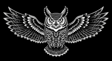 Fototapeta premium Black and White Dotwork Illustration of a Flying Owl on Black Background
