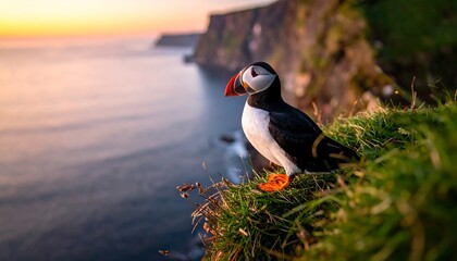 A puffin stands on a cliff edge overlooking the ocean at sunset; the colors are warm and the focus is sharp