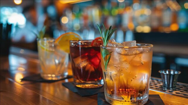 Warm amber drinks glow on polished bar. Ice cubes glisten beside fresh herbs. Soft bokeh lights frame the drink's depth. Bar counter reflects inviting, cozy ambiance. Cocktails sit ready, tempting