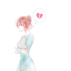 腕組みをした怪訝な表情の女性　割れたハート