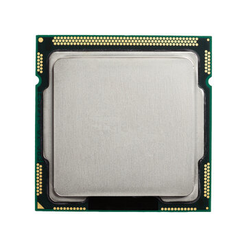 Computer CPU processor and silicon microchip showing metallic heat spreader, circuitry pads and electronic components isolated on a white background
