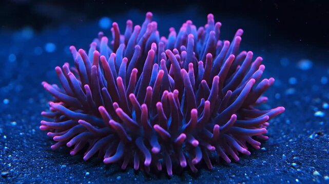 Sea anemone, vibrant purple and blue coral polyp marine life underwater.