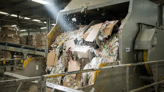 Medium shot capturing a dry pulper handling mixed grades of recovered paper showing the mechanical breaking down of fibers before pulping.