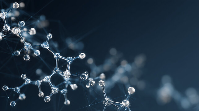 Minimalist scientific background featuring peptide molecules. Clean, simple 3D models of peptide chains in soft blue and silver against a dark navy background with subtle grid lines. 