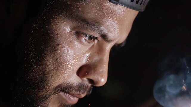 Sweaty intense face of one man, closeup with beard, hardworking and determined. Extreme close up, intense look, dripping sweat and dark background.