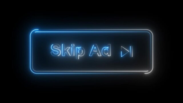 Blue and White Neon Skip Ad Button Glowing Video Advertising Interface on Dark Background.