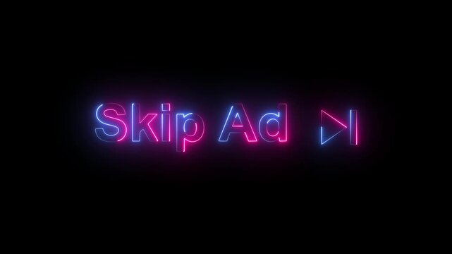 Pink and Blue Neon Skip Ad Text with Play Icon Glowing Video Advertising Interface on Dark Background.