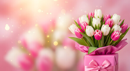Fototapeta premium Bouquet of pink and white tulips in gift box