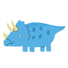 Cute blue cartoon triceratops dinosaur character in flat hand-drawn style, isolated on white background. Friendly baby dino with three horns, textured back, and spotted pattern. Simple vector illustra © Oksana