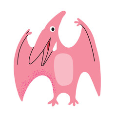 Cute pink cartoon pterodactyl dinosaur flying in flat hand-drawn style, isolated on white background. Friendly baby pterosaur character with spread wings and spotted pattern. Simple vector illustratio © Oksana