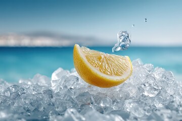 Fototapeta premium A refreshing lemon slice resting on a bed of glistening ice cubes, with clear water droplets suspended in the air, against a blurred ocean background.