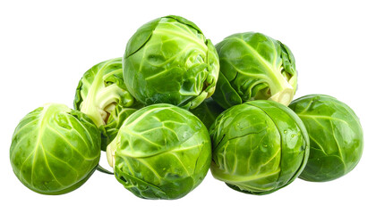 Fresh green Brussels sprouts forming a mound with water droplets on white background