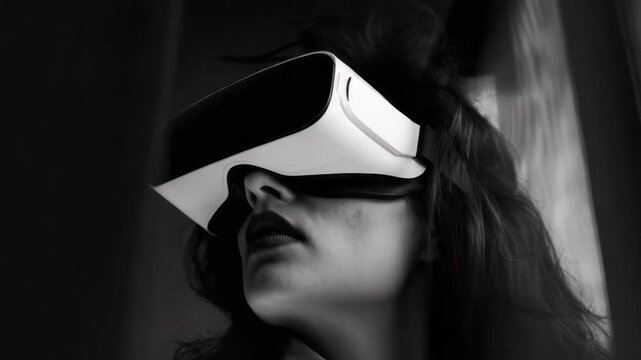 Black-and-white VR headset on focused user. Head tilted upward, eyes closed in immersion. Soft lighting enhances silhouette and mood. Realistic texture on sleek, modern device