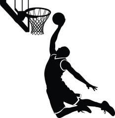 Silhouette of basketball player performing powerful slam dunk in mid air, dynamic sports action illustration isolated on white background, athletic competition concept © Monjurul