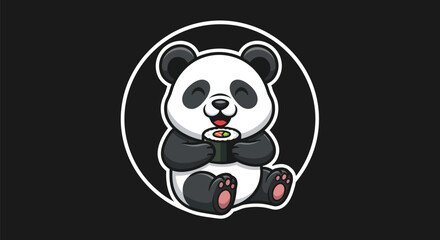 Cartoon panda eating sushi black background © Star