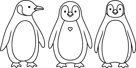 Cute penguin outline character set cartoon arctic bird line art animals children coloring page vector illustration collection © Shamim