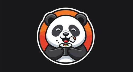 Cartoon panda eating sushi on black background © Star