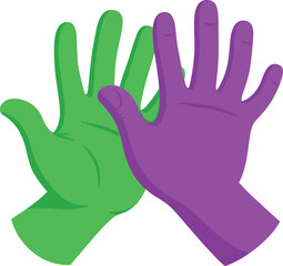 Obraz premium Vibrant green and purple hands raised in a dynamic gesture