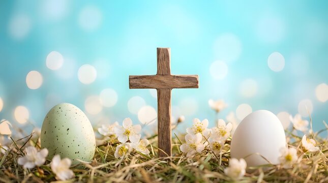 A wooden cross and Easter eggs on grass with flower, religion concept