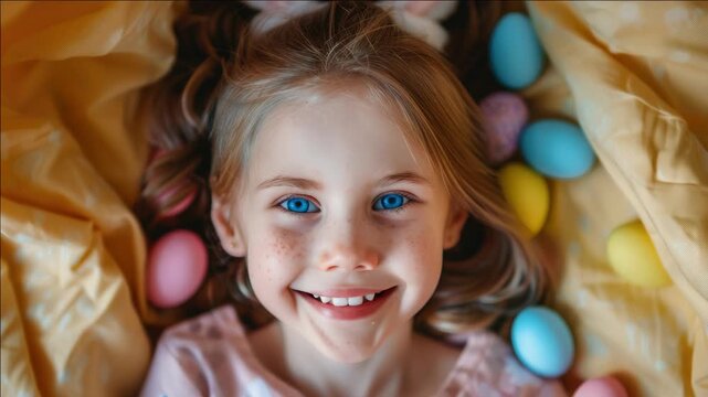 Soft golden fabric surrounds a smiling girl. Pastel eggs dot her gentle surroundings. Her bright blue eyes meet the camera directly. Warm light highlights her freckled cheeks