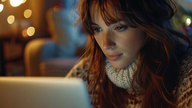 Warm lights glow softly behind her. She stares intently at her laptop screen. Soft, textured sweater frames her face. Fuzzy background hints at cozy interior