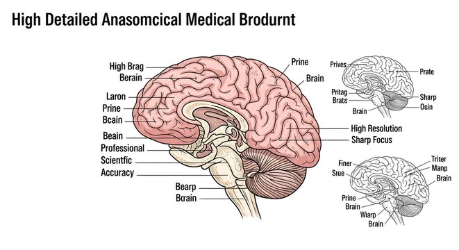 High Detailed Anatomical Medical Illustration of Human Brain | Colored Sagittal Section Showing Cerebrum, Cerebellum, Brainstem and Labeled Cortical Regions with Inset Mini Brains | Professional Scien