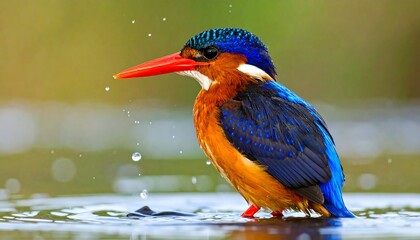 A small, vibrant bird with blue head, orange body, and red beak stands in shallow water, splashing slightly