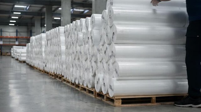 Medium shot of stretchwrapped paper rolls neatly stacked on pallets in a spacious warehouse highlighting secure packaging and organized storage before shipment.