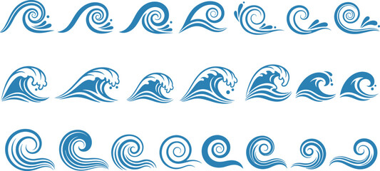 Obraz premium Ocean wave swirl icon collection blue water splash symbols surfing sea tide elements nautical vector illustration design set