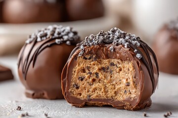 A delectable close-up of chocolate peanut butter balls, showcasing their creamy filling and rich chocolate coating, adorned with sprinkles and drizzled chocolate lines.