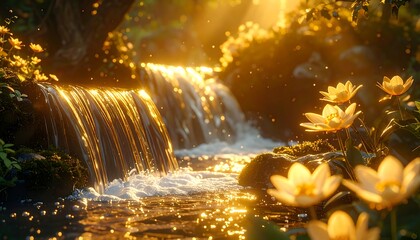 A small waterfall cascades into a serene pool under dappled sunlight, surrounded by lush foliage and blooming lilies