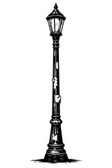 Vintage black street lamp illustration on white background with distressed texture and ornate details