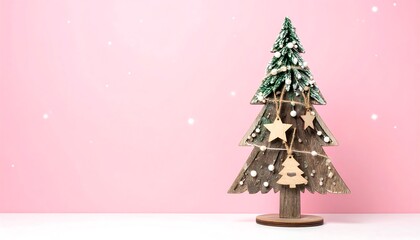 A small wooden Christmas tree decor sits on a white surface against a light pink background with bokeh lights