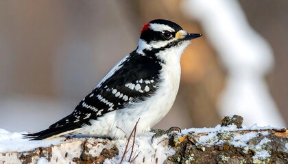 A small woodpecker with black and white plumage and a red head patch perched on a snowy branch