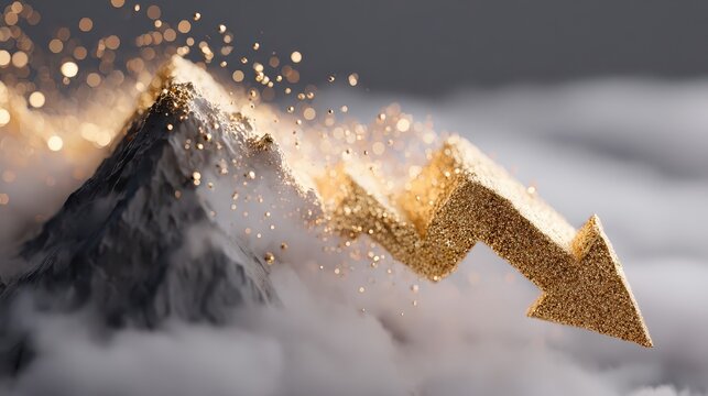 A golden glitter arrow points downward over a blurred mountain-like surface, symbolizing decline or decrease with shimmering particles in motion.