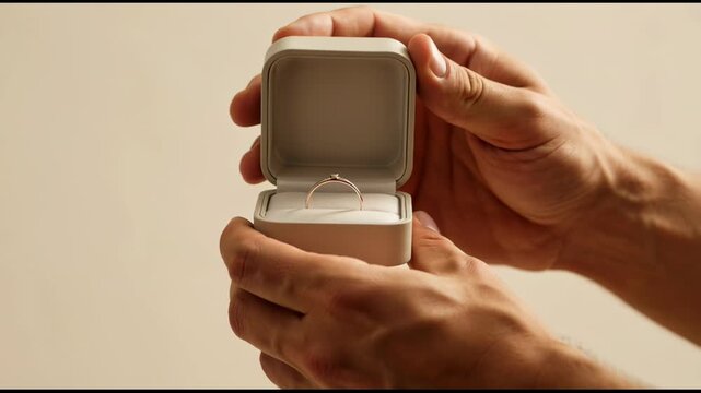 Close up shot of male hands opening a light grey ring box to reveal a delicate gold engagement ring with a small diamond, a symbol of love and commitment against a neutral background.