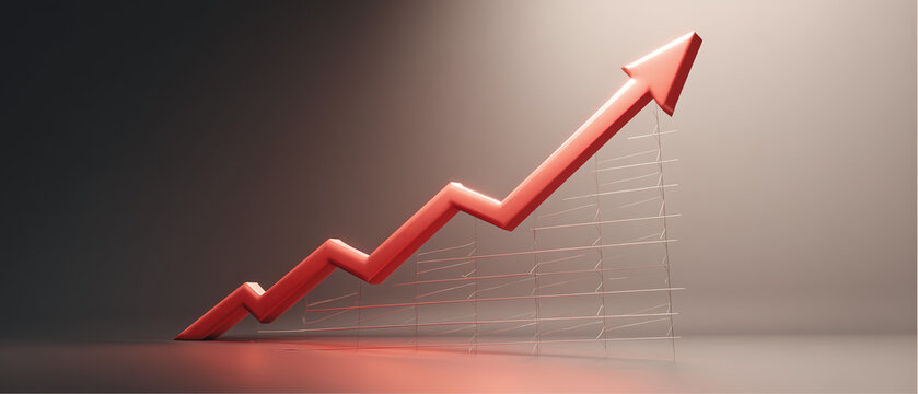 Gr&aacute;fico com seta ascendente em vermelho representando crescimento financeiro, aumento de desempenho e evolu&ccedil;&atilde;o de resultados no mercado