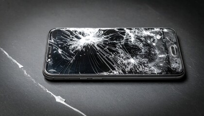 A smartphone with a dramatically shattered screen, lies on a dark, textured surface under bright light