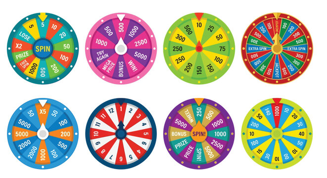 Colorful wheel spin games with various prize amounts and bonus opportunities