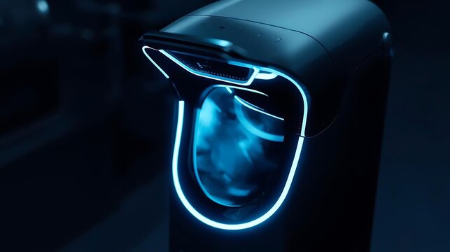 Futuristic smart parking meter with glowing blue light at night