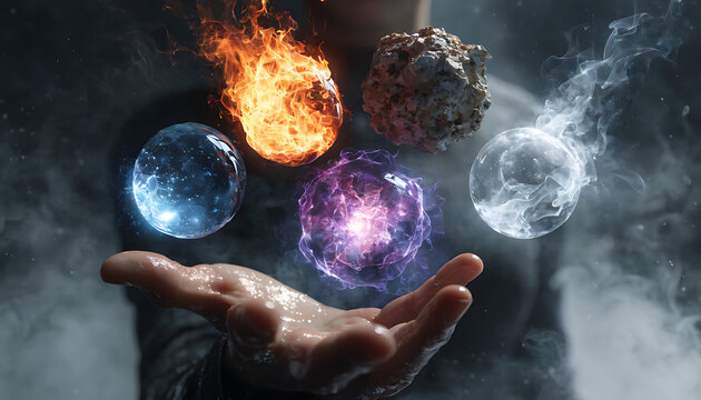 Hand Holding Five Elements: Fire, Water, Earth, Air, Spirit - Mystical Energy Concept