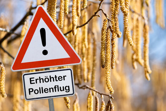 Ein Gefahrenschild warnt vor erh&ouml;htem Pollenflug vor Allergie und Asthma - FOTOMONTAGE